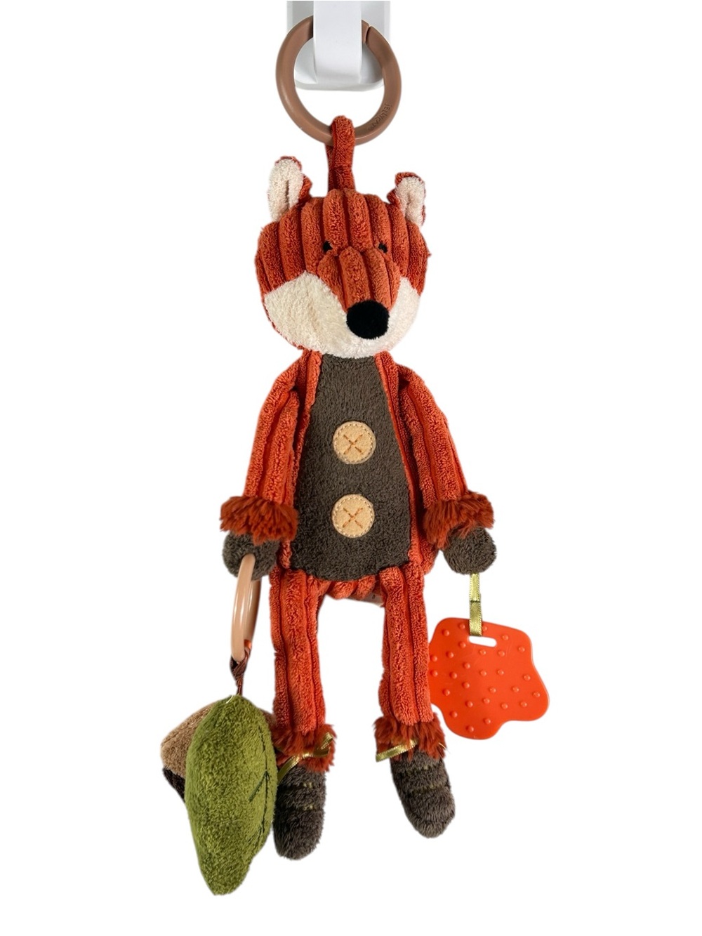 Jellycat Cordy Roy Fox Activity Toy features a rattle, teether, and crinkly leaF